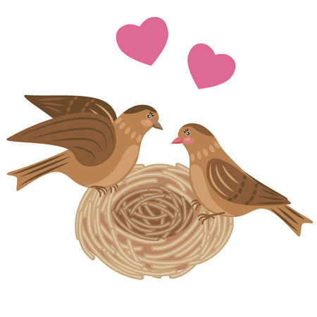 A pair of brown birds sitting in the nestのイラスト素材