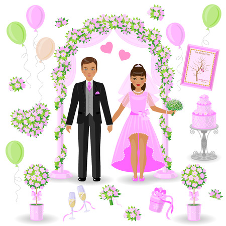 Simplified image of bridegroom in black suit and bride in pink dressのイラスト素材