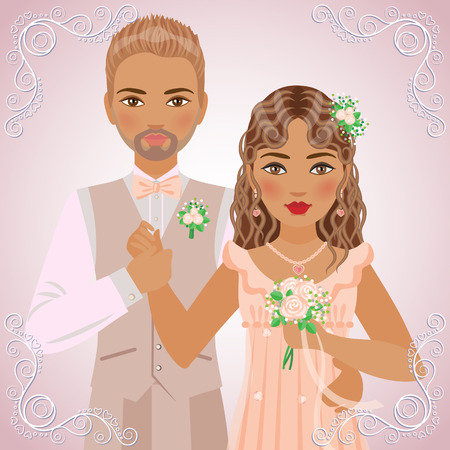 The image of blond bridegroom in beige suit and brown-haired bride in cream dress on light pink background.のイラスト素材