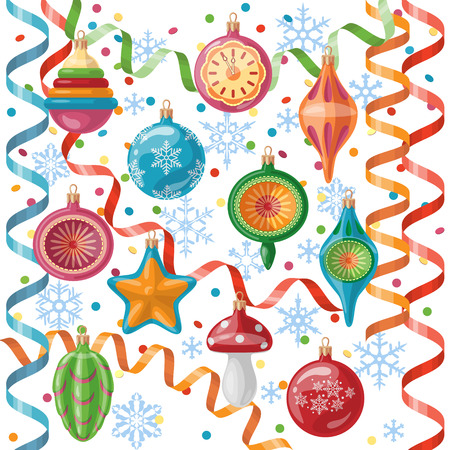 Colorful Christmas Balls Snowflakes Confetti And Paper Streamers