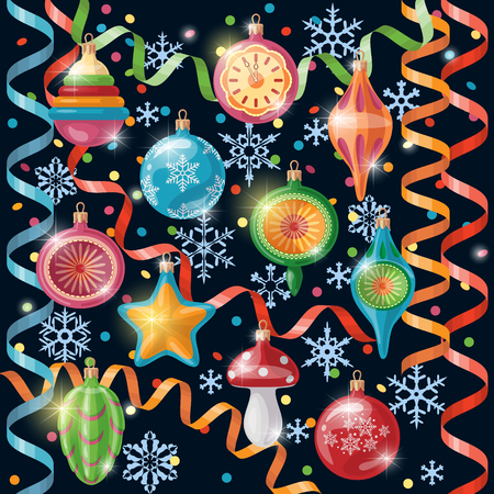 Colorful Christmas balls, snowflakes, confetti and paper streamers sparkled on dark background. Design elements for Christmas and New Year holidays. Retro Christmas decorations set.のイラスト素材