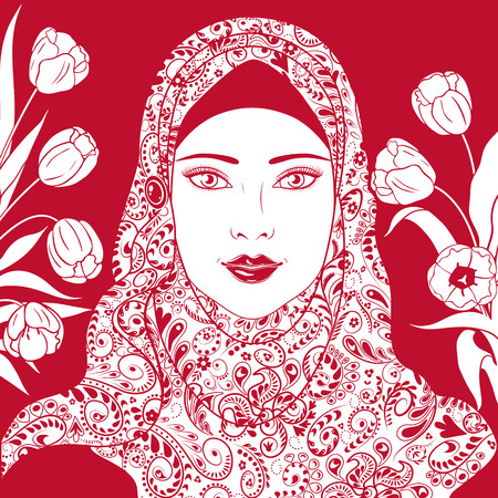 Red and white contour image of Muslim girl in hijab  decorated with tulips.のイラスト素材
