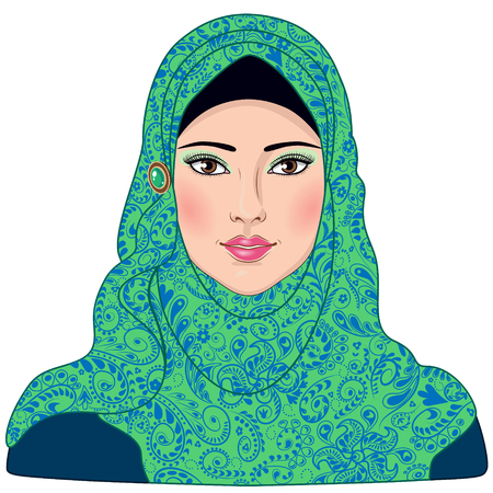 Image of Muslim girl dressed in blue-green hijab.のイラスト素材