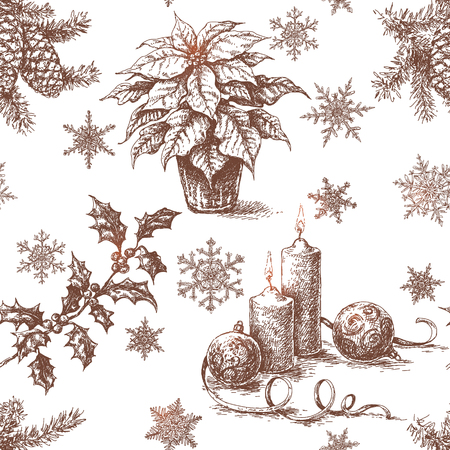 Seamless pattern with sketch of Christmas and New Year holidays decorations. Hand drawn Christmas plants, candles and snowflakes on white background. Seamless texture.のイラスト素材