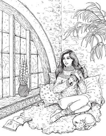 The girl with the cup sitting near the window. Black and white contoured illustration for coloring.のイラスト素材