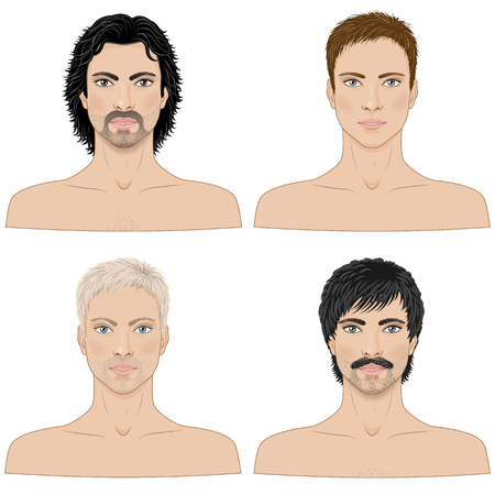 Simplified image of men with different hairstyles  isolated on white.のイラスト素材