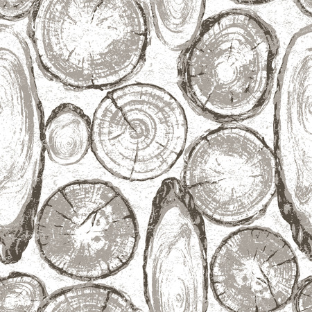 Round and oval cross section of tree trunk. Wooden texture with tree rings. Hand drawn gray tree trunk rings.  Seamless background with grunge wooden texture.のイラスト素材