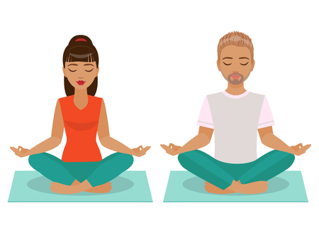 The young man and woman sitting and meditating in the Yoga Lotus position isolated on white background.のイラスト素材