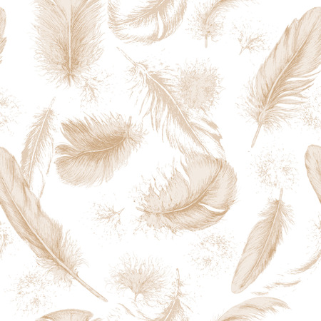 Hand drawn set of various feathers. Seamless background with flying beige feathers.のイラスト素材