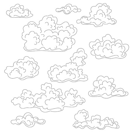Cumulus clouds outline set. Black and white elements for coloring.のイラスト素材
