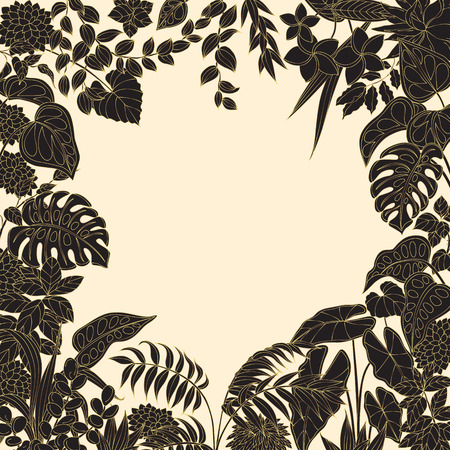 Black and golden leaves and flowers on light background. Square floral frame of tropical plants silhouette with space for text.のイラスト素材