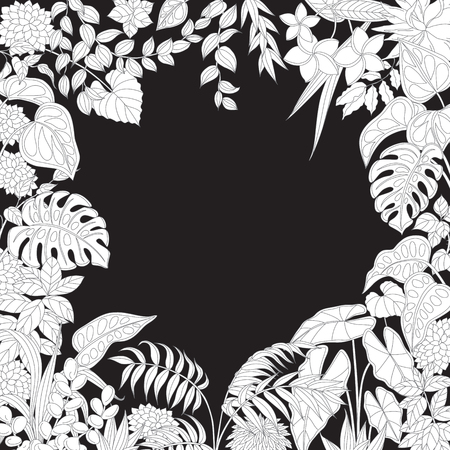 Contoured leaves and flowers on black background. Square floral frame of outline tropical plants with space for text.のイラスト素材