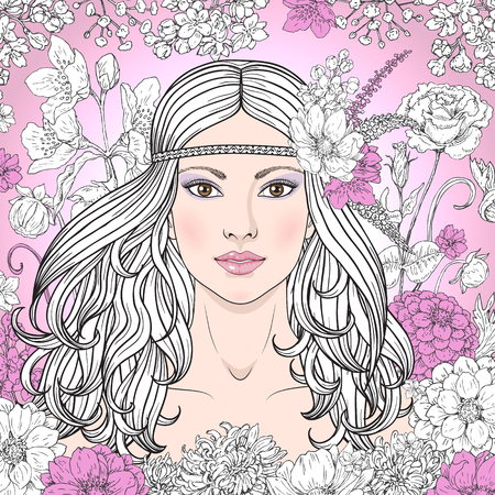 Hand drawn beautiful girl with flowers on pink background. Doodle floral frame. Black, pink and white color illustration. Monochrome image of woman with long curly hair. Vector sketch.のイラスト素材