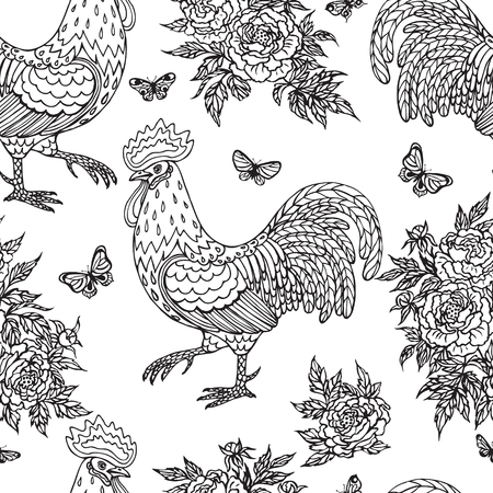 Hand drawn contoured rooster, flying butterflies and peony flowers on white background. Monochrome childlike illustration. Black and white color seamless pattern.のイラスト素材