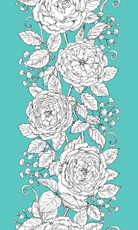 Hand drawn floral  line pattern with tea rose  and gypsophila. Black and white doodle flowers on turquoise background. Seamless texture. Vector sketch.のイラスト素材