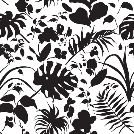 Hand drawn branches and leaves of tropical plants. Silhouette tropical plants seamless background. Black and white texture.のイラスト素材