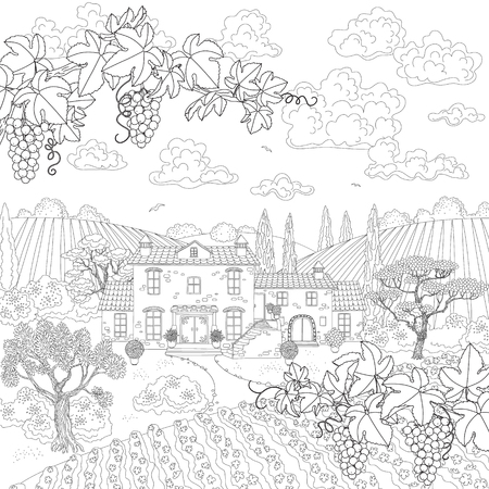 Contoured summer landscape with house, vineyard, trees, grape branches. Hand drawn cartoon monochrome illustration. Black and white elements for coloring.のイラスト素材