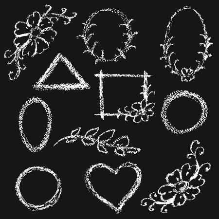Set of chalk texture. Hand drawn white chalked borders and frames on dark background. Childlike drawing.のイラスト素材