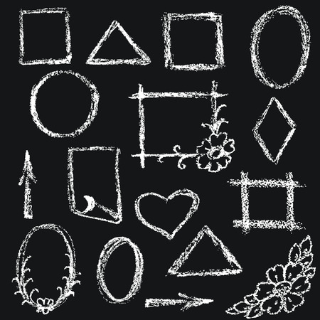 Set of chalk texture. Hand drawn white chalked borders and frames on dark background. Childlike drawing.のイラスト素材
