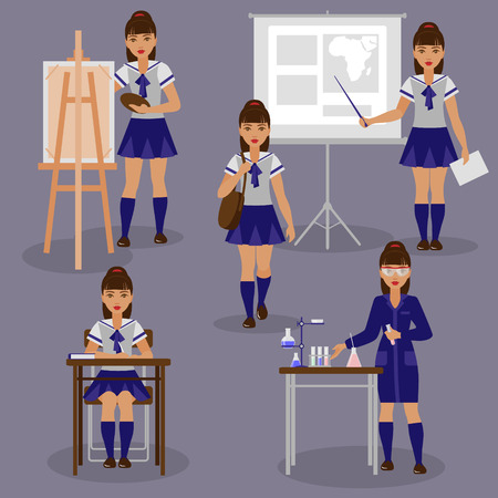 Schoolgirl in studying of different discipline. The girl is engaged at the lessons of chemistry, geography and painting. Back to school set.のイラスト素材