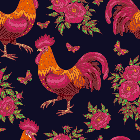 Hand drawn contoured red rooster, flying butterflies and pink peony flowers on dark blue background. Fire rooster is Chinese calendar symbol. Seamless pattern.のイラスト素材