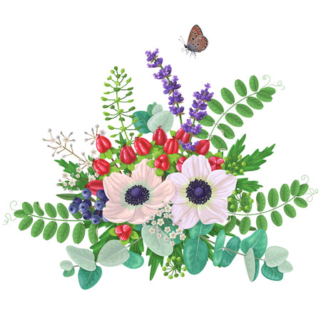 Bunch of flowers and flying butterfly isolated on white. Cream  color anemone with floral elements and red berries. Romantic bouquet.のイラスト素材
