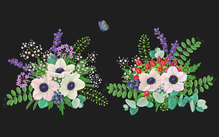 Bunches of flowers and flying butterfly isolated on black. Cream color anemone with floral elements and red berries. Romantic bouquets.のイラスト素材