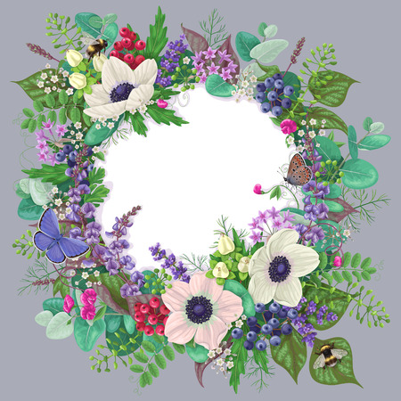 Round frame with anemone flowers, berries, flying and sitting butterflies and bumblebees. Romantic floral greeting or invitation card.  White label decorated flowers isolated on grey background.のイラスト素材