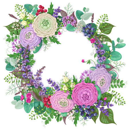 Round frame with buttercup flowers, berries and floral elements. Romantic floral greeting or invitation card.  White label with flowers.のイラスト素材