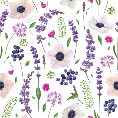 Seamless pattern made with anemone flowers, blue berries, lavender and floral elements.のイラスト素材