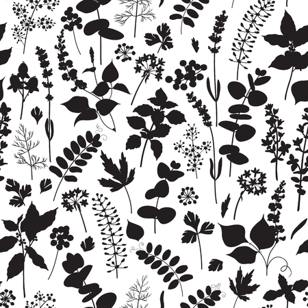 Black and white seamless pattern made with floral elements silhouette.のイラスト素材