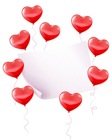 Red heart shaped balloons with paper banner isolated on white background. Happy birthday, wedding and Valentine Day design with space for text.のイラスト素材