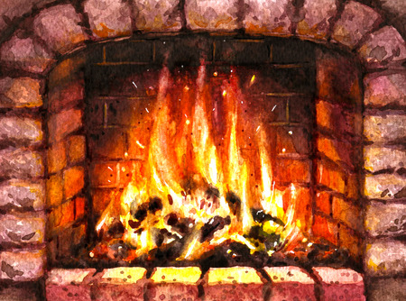 Hand drawn watercolor illustration. Hygge theme. Elements of home comfort.  Old Stone Burning Fireplace. の写真素材