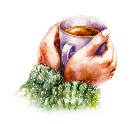 Hand drawn watercolor illustration. Hygge theme. Elements of home comfort.  Coffee cup in female hands isolated on white background. Aquarelle sketch.の写真素材