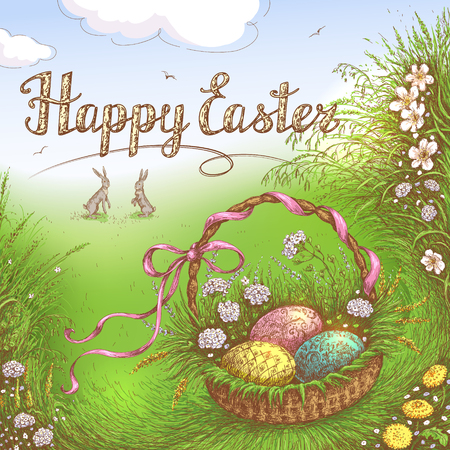 Hand Drawn  Easter Basket with Holiday eggs in the grass near Bunnies. Happy Easter Greeting Card. Vector sketch.のイラスト素材