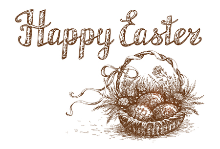 Hand Drawn  Easter Basket with Holiday eggs. Happy Easter Greeting Card element. Vector sketch.のイラスト素材