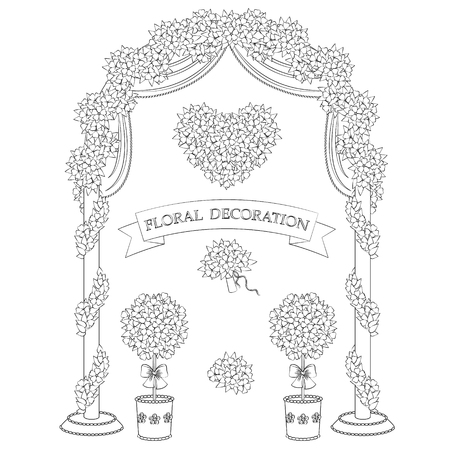 Contoured arch, topiary, flower heart and bouquet.  Set of outline floral elements isolated on white background. Black and white floral decoration for wedding and romantic design.のイラスト素材