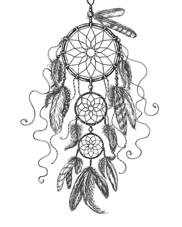 Hand Drawn Indian Amulet Dream Catcher. Monochrome dreamcatcher.のイラスト素材