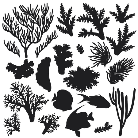 Hand drawn underwater natural elements. Sketch of reef animals. Silhouette set of fishes and corals.のイラスト素材