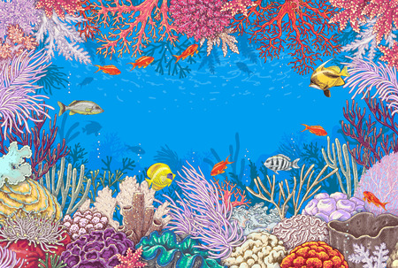 Sketch of reef corals  and  vivid swimming fishes.のイラスト素材