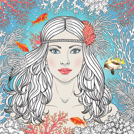 Hand drawn Mermaid among corals and swimming fishes. Partially colored illustration coloring page for adult.  Blue-eyed girl with long curly hair on underwater background.のイラスト素材