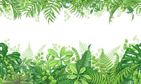 Hand drawn branches and leaves of tropical plants. Vivid line horizontal floral pattern. Green two-sided seamless border. Vector sketch.のイラスト素材