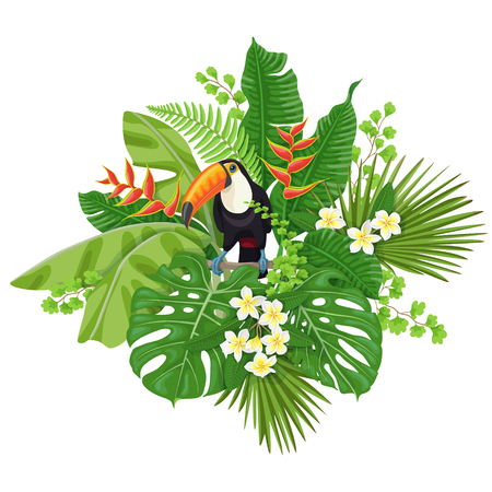 Colorful  floral bunch with green leaves and flowers of tropical plants  and  bird isolated on white.  Toucan sitting on liana branch. Vector flat illustration.のイラスト素材