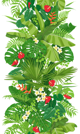 Vertical floral seamless pattern made with colorful leaves and flowers of tropical plants on white background.  Tropic rainforest foliage border. Vector flat illustration.のイラスト素材