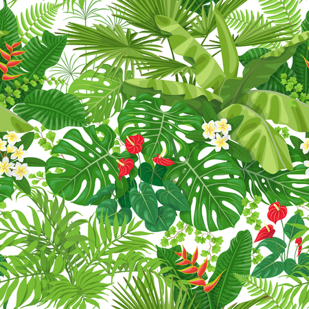 Seamless pattern made with tropical leaves and flowers on white background. Bunches of green exotic plants and palm fronds. Rainforest foliage texture. Vector flat illustration.