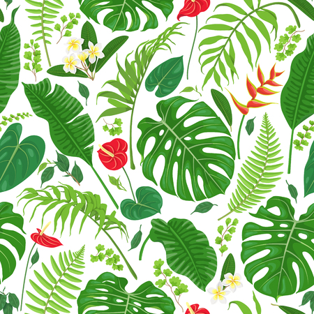 Seamless pattern made with tropical leaves and flowers on white background. Rainforest foliage texture.  Vector flat illustration.のイラスト素材