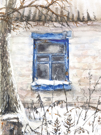 Watercolor painting.  Hand drawn wall with window of an old abandoned house. Winter village scene. の写真素材