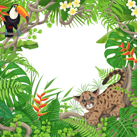 Colorful tropical leaves and flowers background. Square floral frame with funny Cougar Cub  and Toucan sitting on liana branches. Space for text. Rainforest foliage border. Vector flat illustration.のイラスト素材
