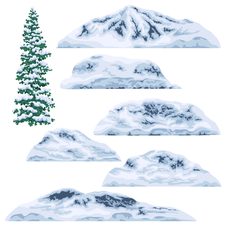 Set of snow-capped mountains and hills isolated on white background. Winter fir tree and glaciers. Nature landscape design elements. Vector flat illustration.のイラスト素材