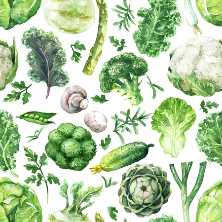Hand drawn raw food illustration. Seamless pattern made with watercolor green vegetables. Set of organic products. Variety cabbages, greens, cucumber, mushroom, asparagus, onion on white background.の写真素材